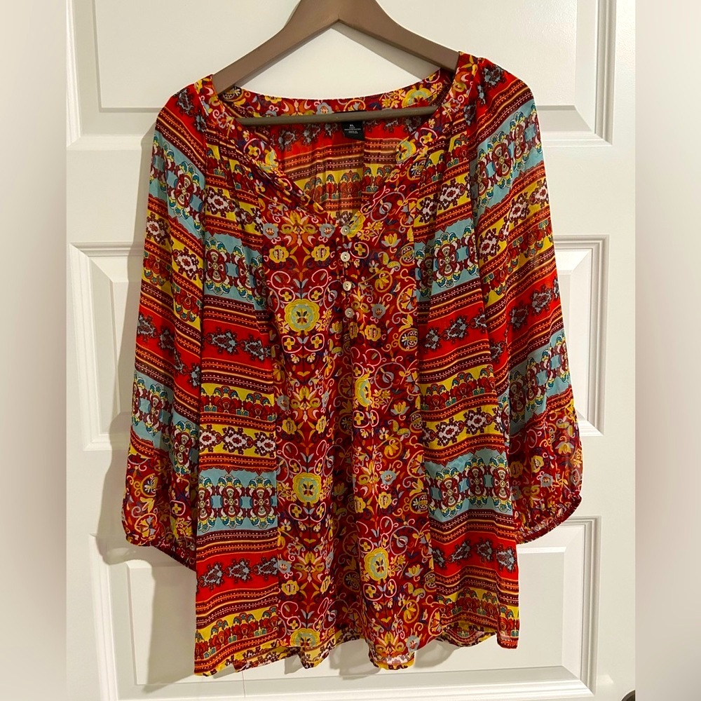 New Directions Long Sleeve Boho Blouse Orange Blue Size XL